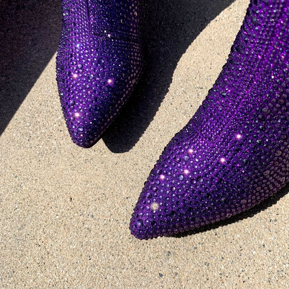 NEW🔥 Purple Jeweled Rhinestone Block Heel Ankle Boot Booties Pointed Toe w/Zip - Picture 6 of 6